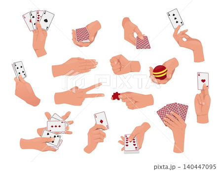 Games for both hands. Fine motor skills development. Logic gaming accessories. Vegas gambling. Shuffling deck. Gamble aces. Arms holding toys and cards. Fingers sign. Gestures vector set 140447095