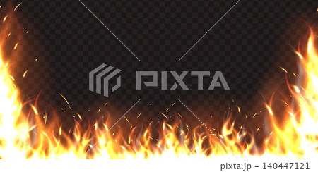 Horizontal seamless fireplace. Realistic frame of flames against transparent background. Fiery and danger glow. Yellow and orange blaze with smoke and sparks. Combustion vector backdrop Horizontal seamless fireplace. Realistic frame of flames against transparent background. Fiery and danger glow. Yellow and orange blaze with smoke and sparks. Combustion vector backdrop 140447121