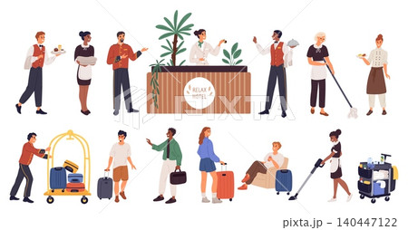 Hotel guests or staff. Visitors with luggage checking into rooms. People assisting with check in. Receptionist at desk. Hospitality service. Concierge and maid. Guesthouse vector set 140447122