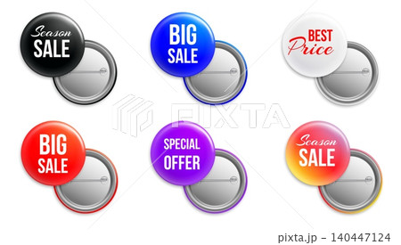 Icons featuring discount information. Round realistic pin badges. Super Sale or Best Price 3D labels with glossy finish. Special offer text designs. Front or back view. Vector shopping set Icons featuring discount information. Round realistic pin badges. Super Sale or Best Price 3D labels with glossy finish. Special offer text designs. Front or back view. Vector shopping set 140447124