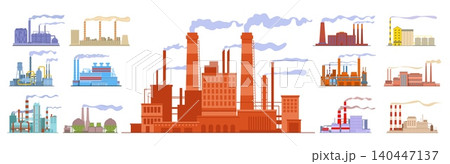 Industrial buildings. Chemical factory with smoke coming from chimneys. Manufacturing and power plants. Harmful emissions into atmosphere. Air pollution. Manufactory architecture vector set 140447137