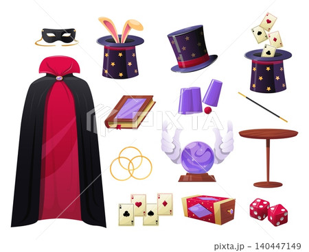 Magic props. Wizard accessories from cartoons. Tools for magical trick. Show stage. Oracle ball. Performer costume mantle. Spell book. Professional illusionist supplies vector isolated set 140447149