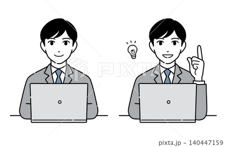 パソコンを使って説明するスーツ姿の男性のイラスト セット1 パソコンを使って説明するスーツ姿の男性のイラスト セット1 140447159