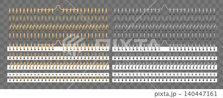 Metal and gold bindings. 3D mockups of clips for notebooks and calendars. Paper bookbinder. Realistic spiral and ring binders. Stationery elements. Steel page wire fasteners vector set 140447161