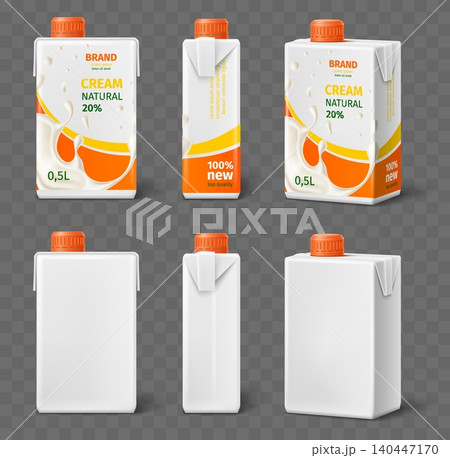 Milk packaging design. Realistic cream bottle design. Container shown from various angles. Screw top lid and label for banding. 3D template for dairy based product. Vector packages set 140447170