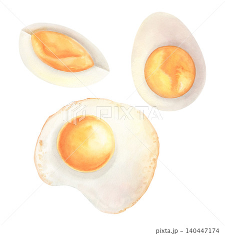 Egg set fried and boiled. Hand-painted watercolor illustration isolated on white. Perfect for breakfast menus, recipe books, food blogs, nutrition guides, packaging, culinary branding, posters, decor Egg set fried and boiled. Hand-painted watercolor illustration isolated on white. Perfect for breakfast menus, recipe books, food blogs, nutrition guides, packaging, culinary branding, posters, decor 140447174