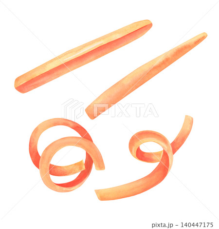 Fresh carrot set, sticks and shavings. Hand-painted watercolor illustration isolated on white background. Perfect for healthy food branding, recipe, nutrition guides, menus, wellness blogs, posters Fresh carrot set, sticks and shavings. Hand-painted watercolor illustration isolated on white background. Perfect for healthy food branding, recipe, nutrition guides, menus, wellness blogs, posters 140447175