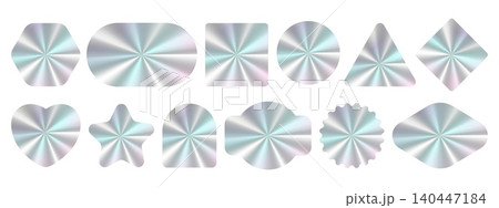 Mockups of holographic stickers. Labels of various shapes. Holography tags with radial metallic gradient. Warranty card designs on white background. Vector blank foil logo patches set Mockups of holographic stickers. Labels of various shapes. Holography tags with radial metallic gradient. Warranty card designs on white background. Vector blank foil logo patches set 140447184