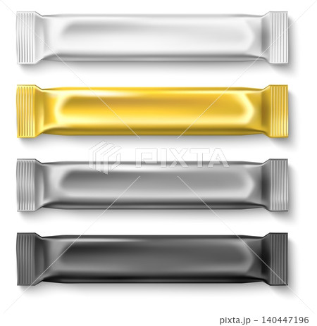 Packaging for colored candies. Foil for confectionery products. White, gold, silver, black stick packs. Realistic mockup of candy bars with metallic sheen. Vector 3D blank packages set 140447196