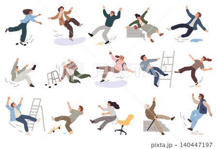 People of all ages losing their balance. Characters falling on stepladder. Men slipping on wet floor. Women stumbling. Sudden falls in various poses. Unbalanced positions vector set People of all ages losing their balance. Characters falling on stepladder. Men slipping on wet floor. Women stumbling. Sudden falls in various poses. Unbalanced positions vector set 140447197