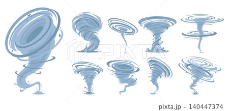 Cartoon tornado effects. Storms and whirlwinds. Weather anomalies. Natural disasters. Spiral cyclone with funnels. Aggressive vortex. Climate phenomenon. Vector dangerous hurricanes set Cartoon tornado effects. Storms and whirlwinds. Weather anomalies. Natural disasters. Spiral cyclone with funnels. Aggressive vortex. Climate phenomenon. Vector dangerous hurricanes set 140447374