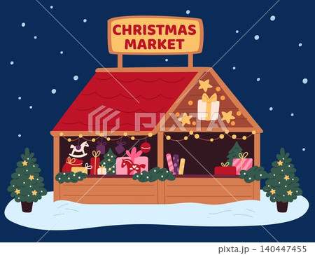 Christmas market with lights. Festive decorations. Gift boxes and sweets. Xmas ornaments. Park marketplace. New Year snowy garlands. Traditional fair. Vector winter holiday souvenir booth Christmas market with lights. Festive decorations. Gift boxes and sweets. Xmas ornaments. Park marketplace. New Year snowy garlands. Traditional fair. Vector winter holiday souvenir booth 140447455