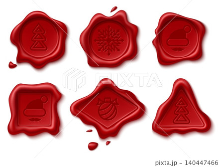 Christmas wax seal. Realistic red holiday stamps featuring New Years symbols. Snowflakes and fir trees mail pattern. Xmas ornaments. Festive emboss mark. Vector postal insignia tags set Christmas wax seal. Realistic red holiday stamps featuring New Years symbols. Snowflakes and fir trees mail pattern. Xmas ornaments. Festive emboss mark. Vector postal insignia tags set 140447466