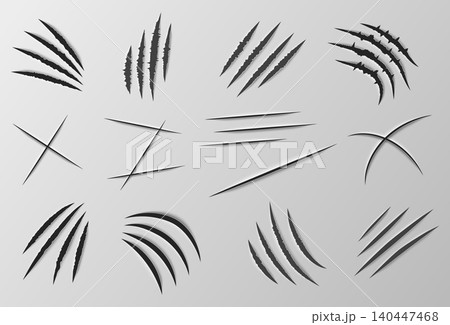 Claw marks. Realistic scratch marks. Animal bite cuts. Monster wounds. Wild bear shred tracks. Werewolf paw prints and furrows. Tears on paper. Torn surface. Vector rough claw traces set Claw marks. Realistic scratch marks. Animal bite cuts. Monster wounds. Wild bear shred tracks. Werewolf paw prints and furrows. Tears on paper. Torn surface. Vector rough claw traces set 140447468