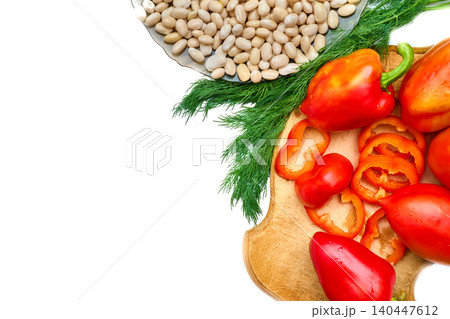 Bean,green dill,sweet red pepper and cutting board Bean,green dill,sweet red pepper and cutting board 140447612