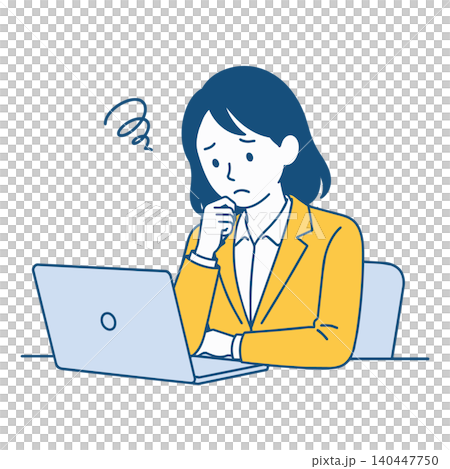 一位女上班族看著電腦螢幕，感到心事重重。 140447750