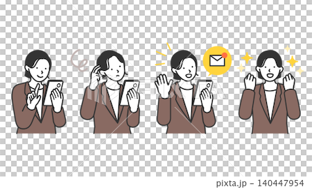 A set of poses for women actively engaged in job hunting or career change activities, featuring illustrations of them searching on their smartphones and expressing joy at receiving job offer emails. A set of poses for women actively engaged in job hunting or career change activities, featuring illustrations of them searching on their smartphones and expressing joy at receiving job offer emails. 140447954