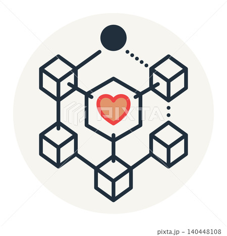 Blockchain cube network with heart line icon symbol of decentralized charity secure donation and tech care. Blockchain cube network with heart line icon symbol of decentralized charity secure donation and tech care. 140448108
