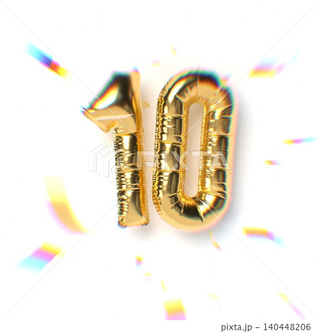 Number 10 Gold Balloon Text and Falling Soft Focus Confetti Number 10 Gold Balloon Text and Falling Soft Focus Confetti 140448206