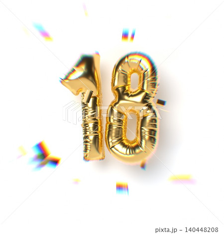 Number 18 Gold Balloon Text and Falling Soft Focus Confetti Number 18 Gold Balloon Text and Falling Soft Focus Confetti 140448208