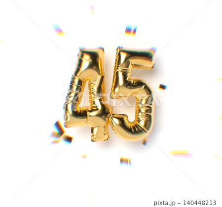 Number 45 Gold Balloon Text and Falling Soft Focus Confetti 140448213