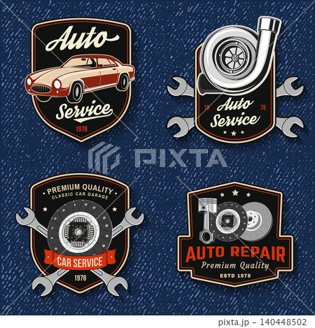 Vintage Car Service Badge Collection. Retro Garage Emblems with Classic Car, Turbocharger, Clutch and Engine Components. Automotive Repair Vector Set for Workshop Branding Vintage Car Service Badge Collection. Retro Garage Emblems with Classic Car, Turbocharger, Clutch and Engine Components. Automotive Repair Vector Set for Workshop Branding 140448502
