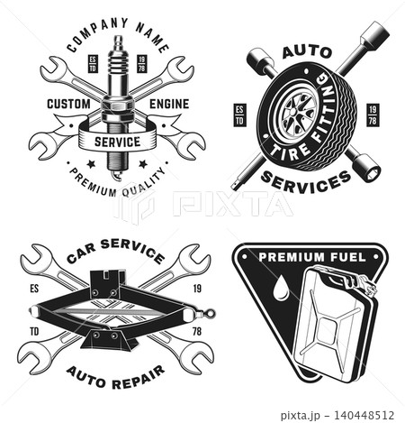 Vintage Garage Service Badge Collection. Retro Automotive Repair Emblems Set with Fuel Can, Jack, Tire and Spark Plug for Workshop Branding. Vector Illustration for Garage Workshop and Classic Engine Vintage Garage Service Badge Collection. Retro Automotive Repair Emblems Set with Fuel Can, Jack, Tire and Spark Plug for Workshop Branding. Vector Illustration for Garage Workshop and Classic Engine 140448512