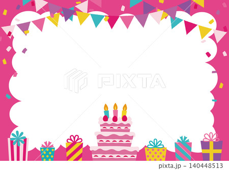 【ベクター】ピンクのガーリーな誕生日パーティー背景 ケーキとプレゼントのテンプレート（横長） 140448513