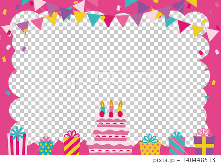 【ベクター】ピンクのガーリーな誕生日パーティー背景 ケーキとプレゼントのテンプレート（横長） 140448513