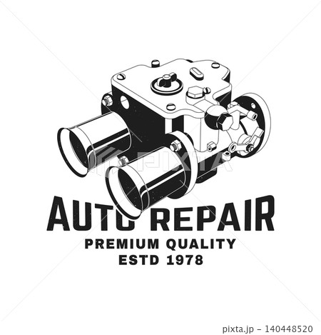 Vintage Carburetor Auto Repair Emblem. Retro Automotive Service Badge. Vector Illustration for Garage Workshop and Classic Engine Design 140448520