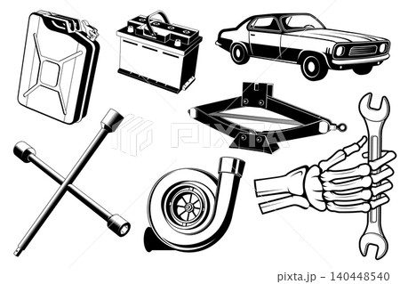 Vintage Garage Equipment Collection with Fuel Can, Battery, Classic Car, Scissor Jack, Turbocharger, Lug Wrench and Mechanic Hand Vector Set Vintage Garage Equipment Collection with Fuel Can, Battery, Classic Car, Scissor Jack, Turbocharger, Lug Wrench and Mechanic Hand Vector Set 140448540