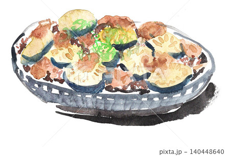 水彩で描いた茄子とおろしポン酢26614pix7 水彩で描いた茄子とおろしポン酢26614pix7 140448640