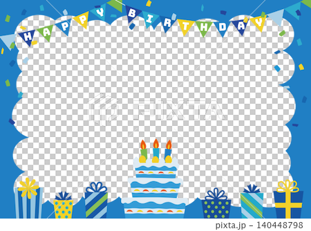 [Vector] Blue birthday party frame background with "HAPPY BIRTHDAY" text (landscape orientation) 140448798