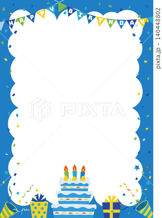 【ベクター】HAPPY BIRTHDAY文字入り 青色の誕生日パーティーフレーム背景（縦長） 140448802