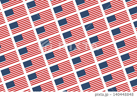 American flag pattern, a background generated by national flags of the United States of America, repeatedly arranged in rows and columns, and rotated counterclockwise by 20 degrees. Isolated. Vector American flag pattern, a background generated by national flags of the United States of America, repeatedly arranged in rows and columns, and rotated counterclockwise by 20 degrees. Isolated. Vector 140448848