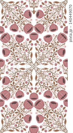 Vector tracery floral kaleidoscope pattern. Decorative ornament of bouquets of poppies on white background. Tracery folk art blooming wildflowers Vector tracery floral kaleidoscope pattern. Decorative ornament of bouquets of poppies on white background. Tracery folk art blooming wildflowers 140449070