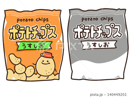 ナフサ不足で白黒になったポテトチップスのパッケージイラスト 140449201