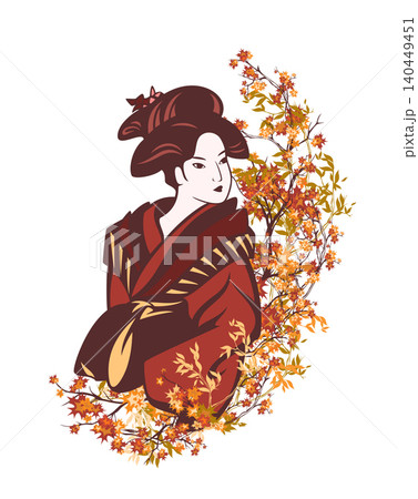 japanese geisha and autumn season garden tree branches vector design 140449451