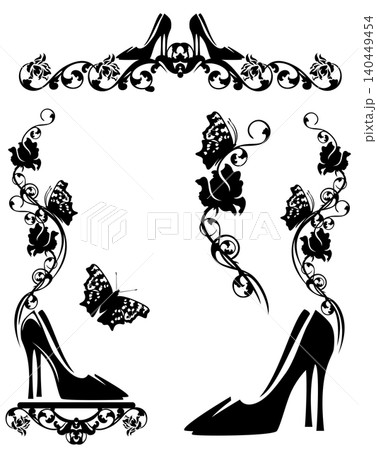 elegant high heeled shoes and rose flowers frame border black and white vector design set 140449454