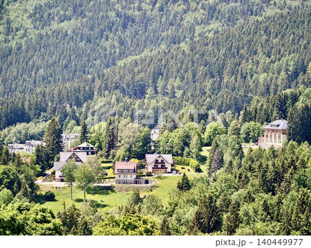 Cluster of Alpine houses on a forested hillside Cluster of Alpine houses on a forested hillside 140449977