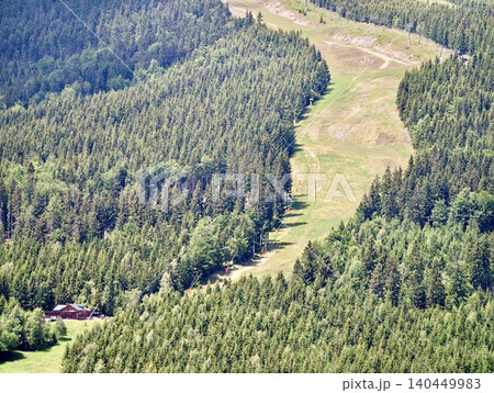 Cleared grassy slope cutting through dense evergreen forest with small wooden chalet Cleared grassy slope cutting through dense evergreen forest with small wooden chalet 140449983