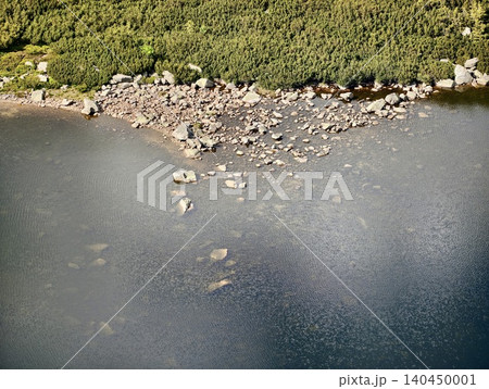 Rocky shoreline and alpine shrubland viewed from above 140450001