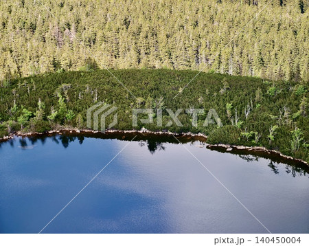 Aerial view of forested shoreline and calm lake reflecting sky Aerial view of forested shoreline and calm lake reflecting sky 140450004