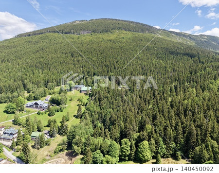 Aerial view of mountain forest with scattered houses and green meadows 140450092