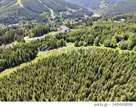 Aerial view of dense evergreen forest and mountain resort clearing 140450099