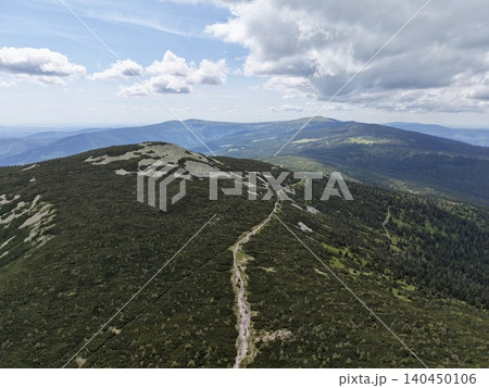 Mountain ridge trail winding through alpine heath under cloudy sky 140450106