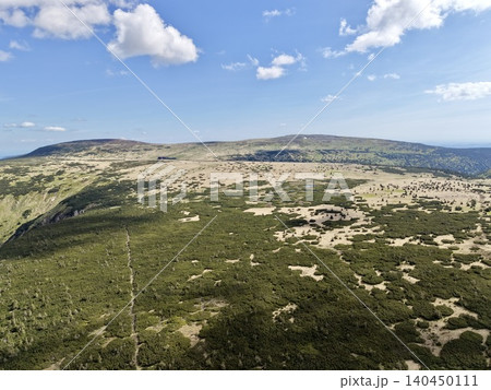 Open mountain plateau with scattered shrubs under blue sky Open mountain plateau with scattered shrubs under blue sky 140450111