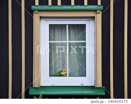 White framed window with lace curtain and yellow tulips on green sill against striped wooden wall White framed window with lace curtain and yellow tulips on green sill against striped wooden wall 140450173