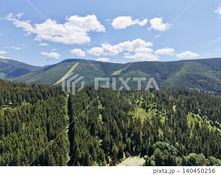 Aerial view of dense evergreen forest and mountain ridges under blue sky Aerial view of dense evergreen forest and mountain ridges under blue sky 140450256