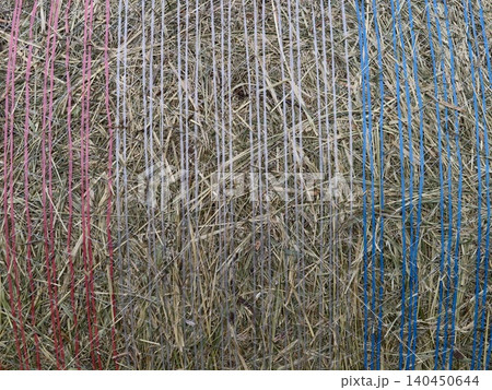 Close-up of round hay bale wrapped with colored twine 140450644